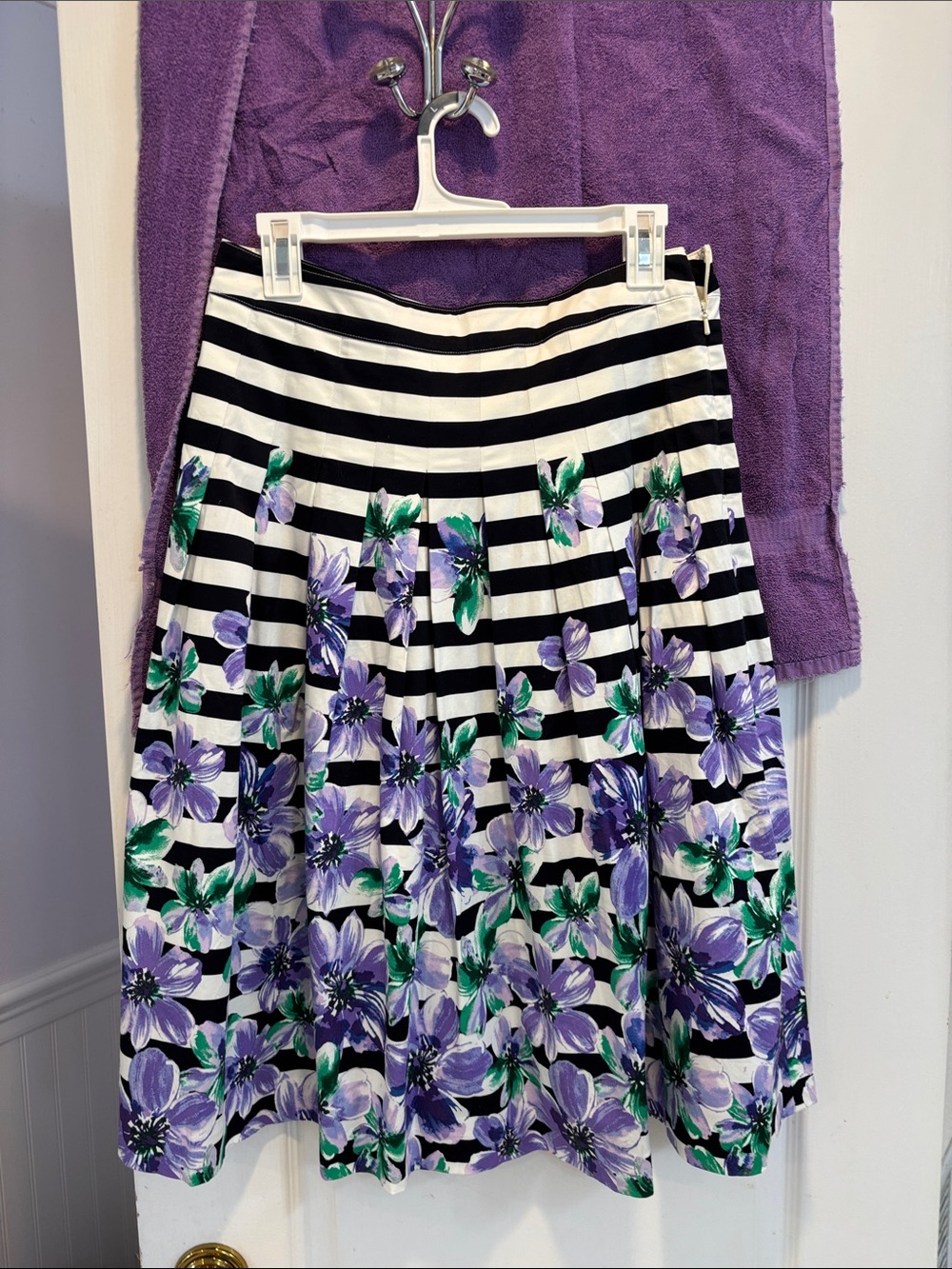 NWTTalbots Black & White Striped Circle Skirt with Purple and Green Floral Print